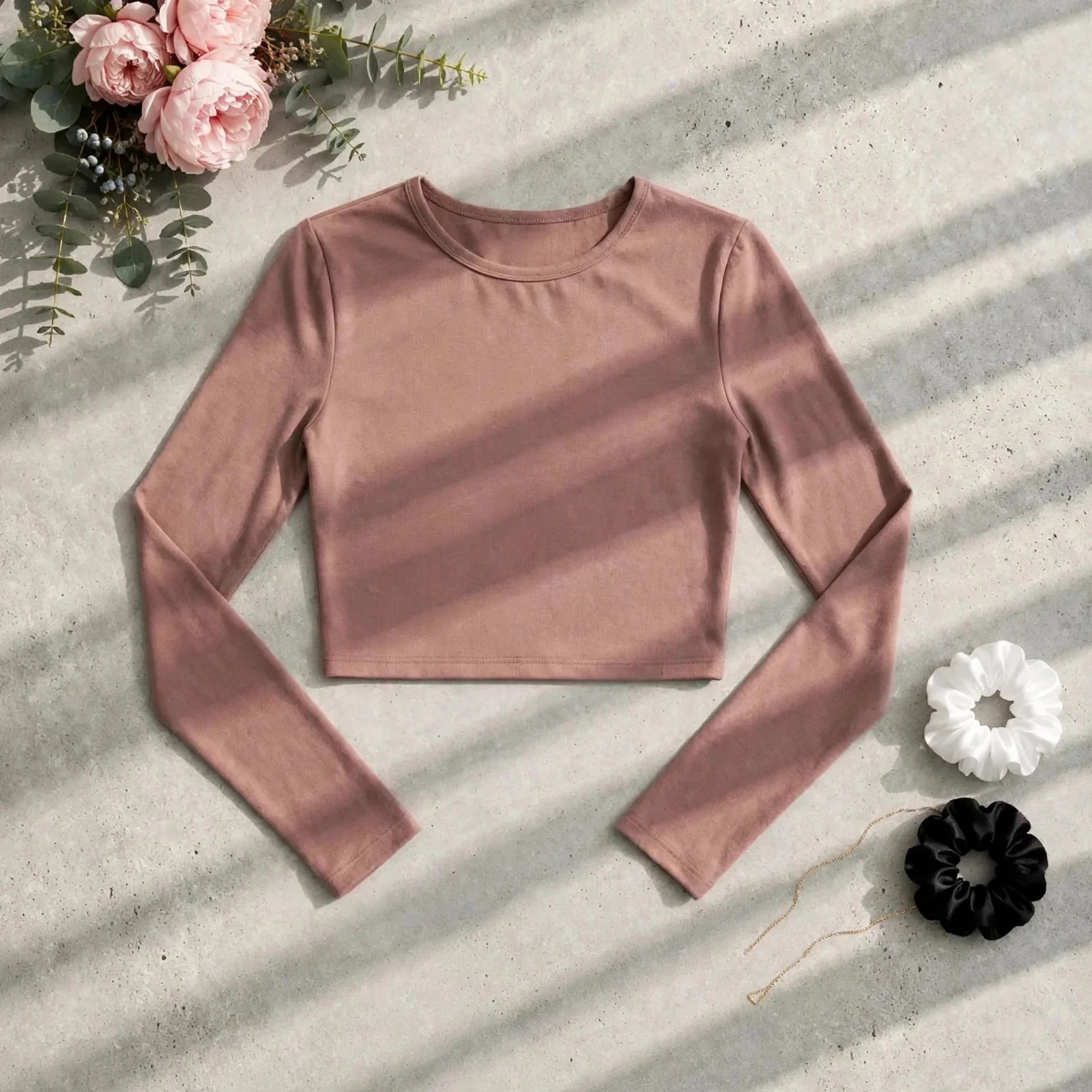 Top crop manches longues beige/camel femme 